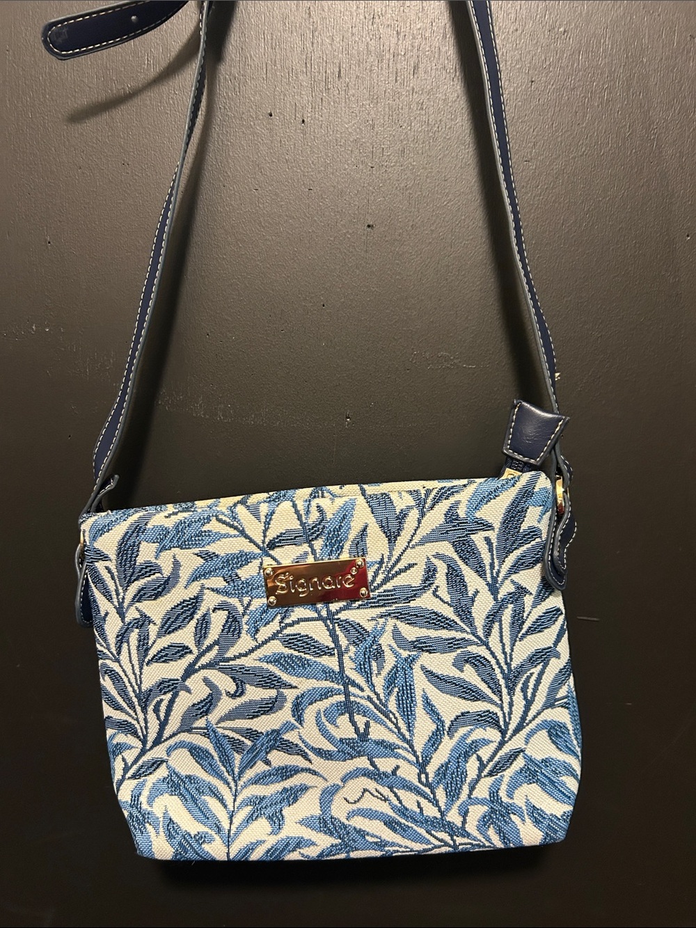 Signature Blue and White Leaf-Pattern Crossbody Bag